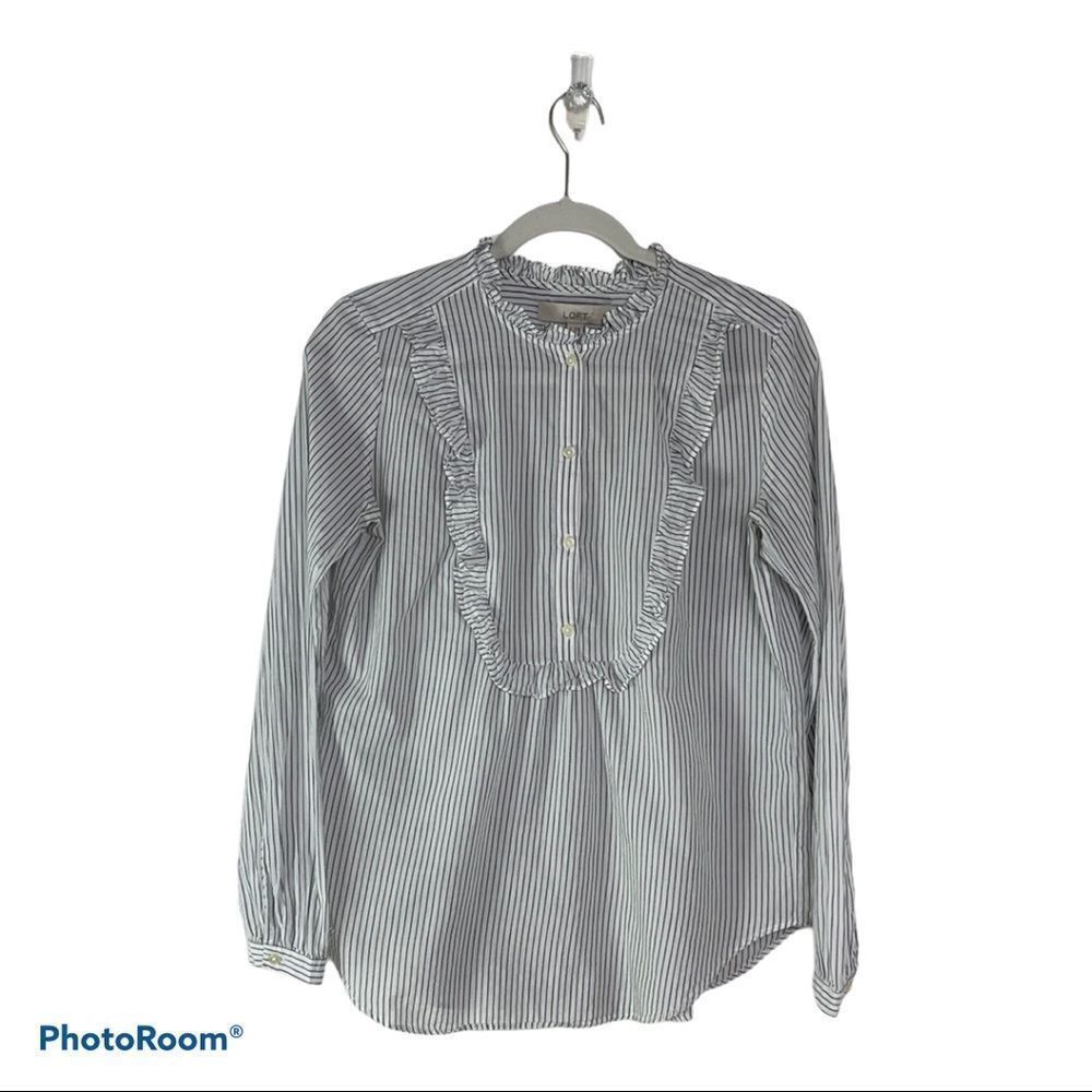 LOFT Pinstripe, bib-front, popover blouse, small